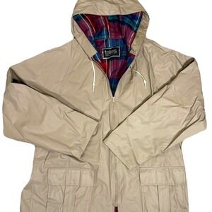 Totes Full Zip Raincoat with Drawstring Hood Mens XL Tan With Plaid Lining